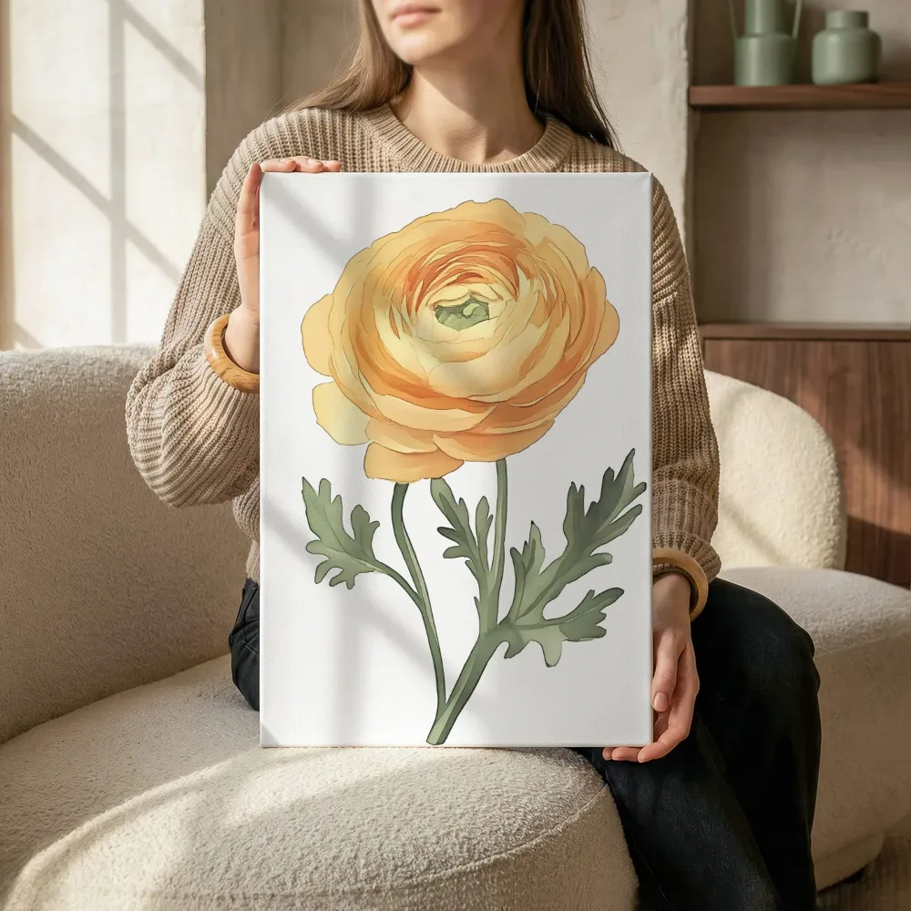 Sfeerimpressie: Goudgele ranonkel aquarel terwijl het aan de muur wordt gehangen