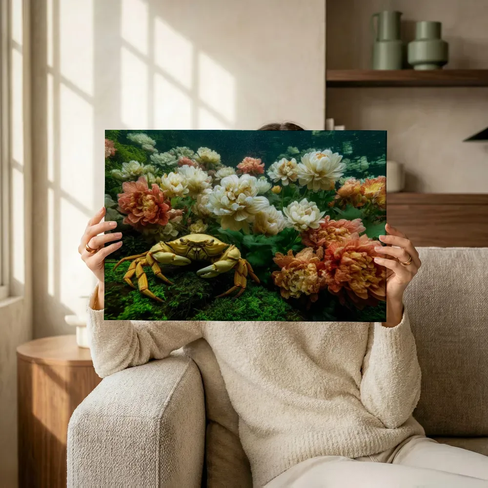 Sfeerimpressie: Goudkleurige krab tussen witte bloesems terwijl het omhoog wordt gehouden