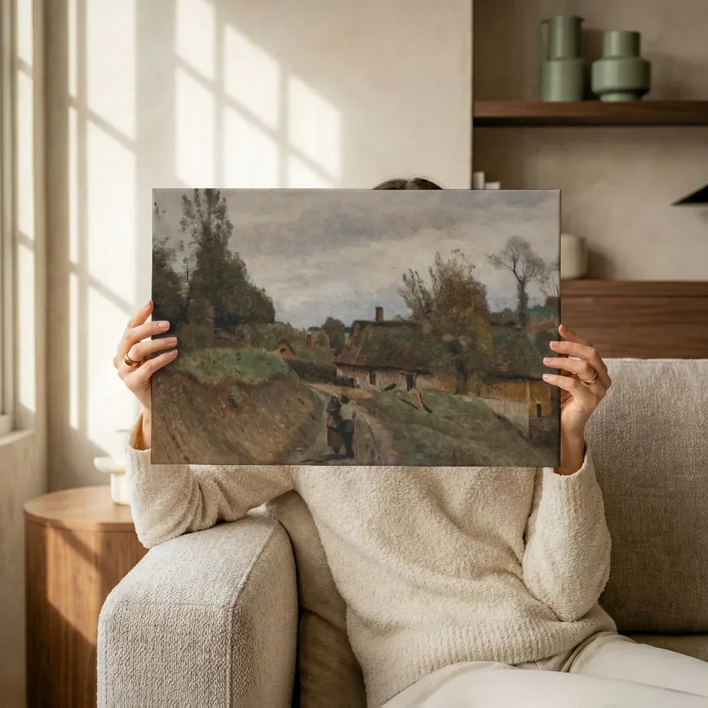 Sfeerimpressie: Gouvieux, boer en boerin op de weg naar het dorp van Jean-Baptiste-Camille Corot terwijl het omhoog wordt gehouden