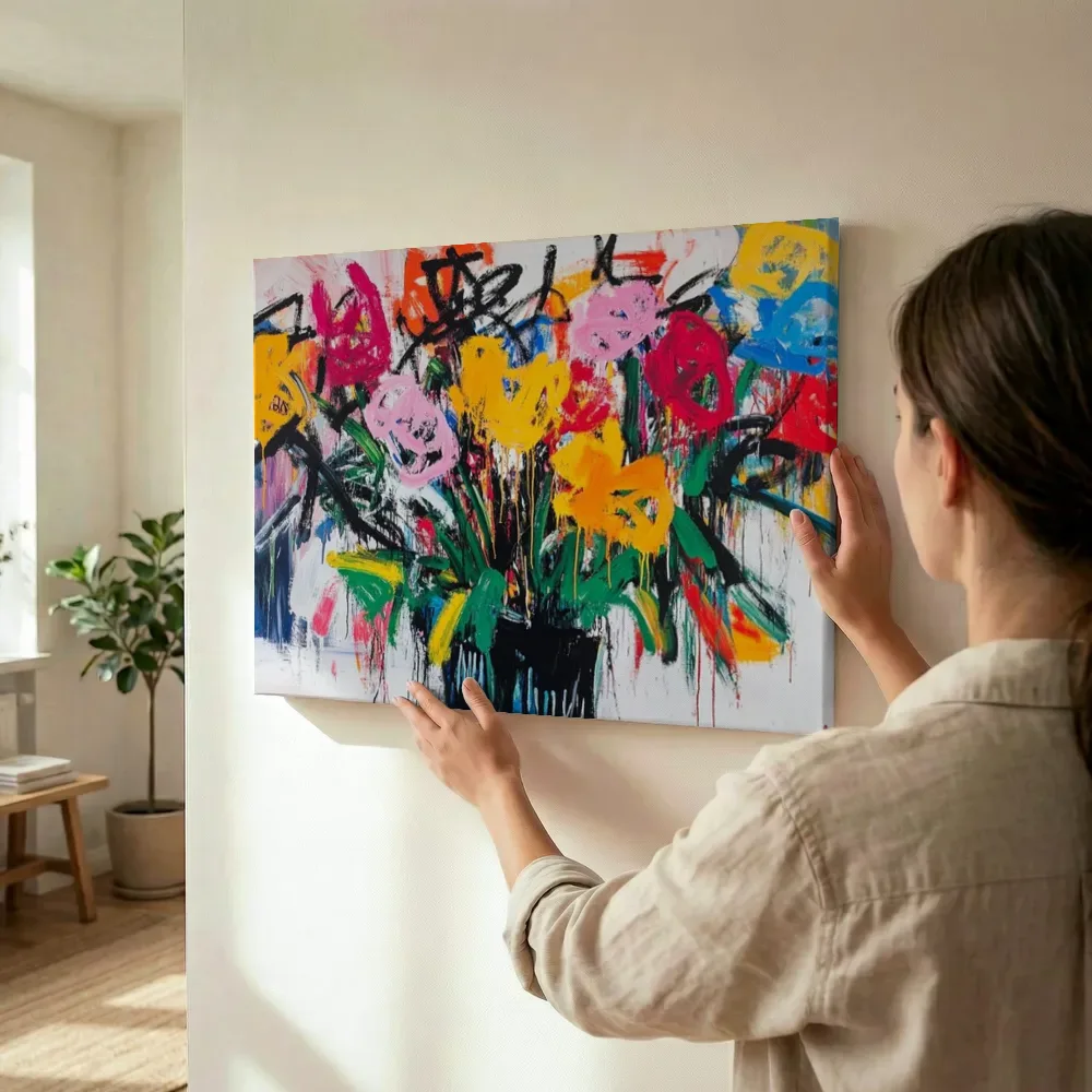 Sfeerimpressie: Graffiti boeket in zwarte vaas terwijl het wordt opgehangen