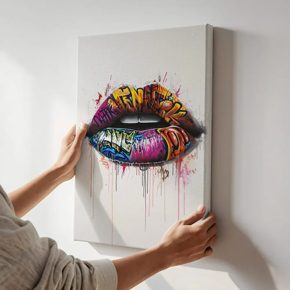 Sfeerimpressie: Graffiti lippen kleurrijk terwijl het aan de muur wordt gehangen