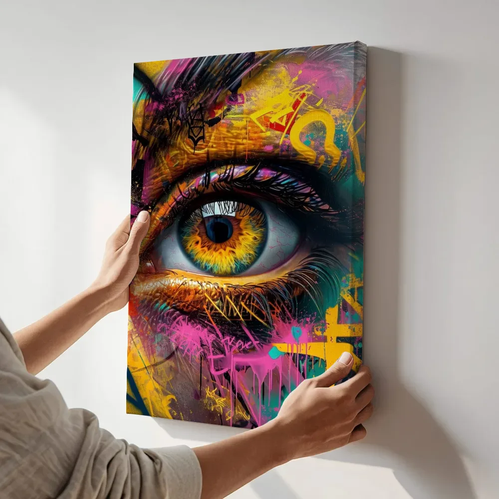 Sfeerimpressie: Graffiti oog in roze en geel terwijl het aan de muur wordt gehangen