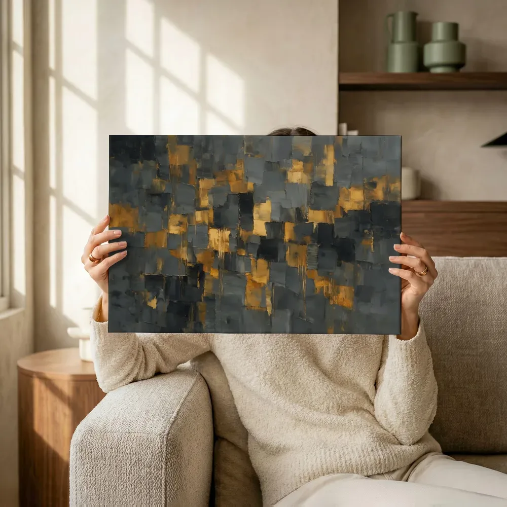 Sfeerimpressie: Grafiet en amber als mozaïek terwijl het omhoog wordt gehouden