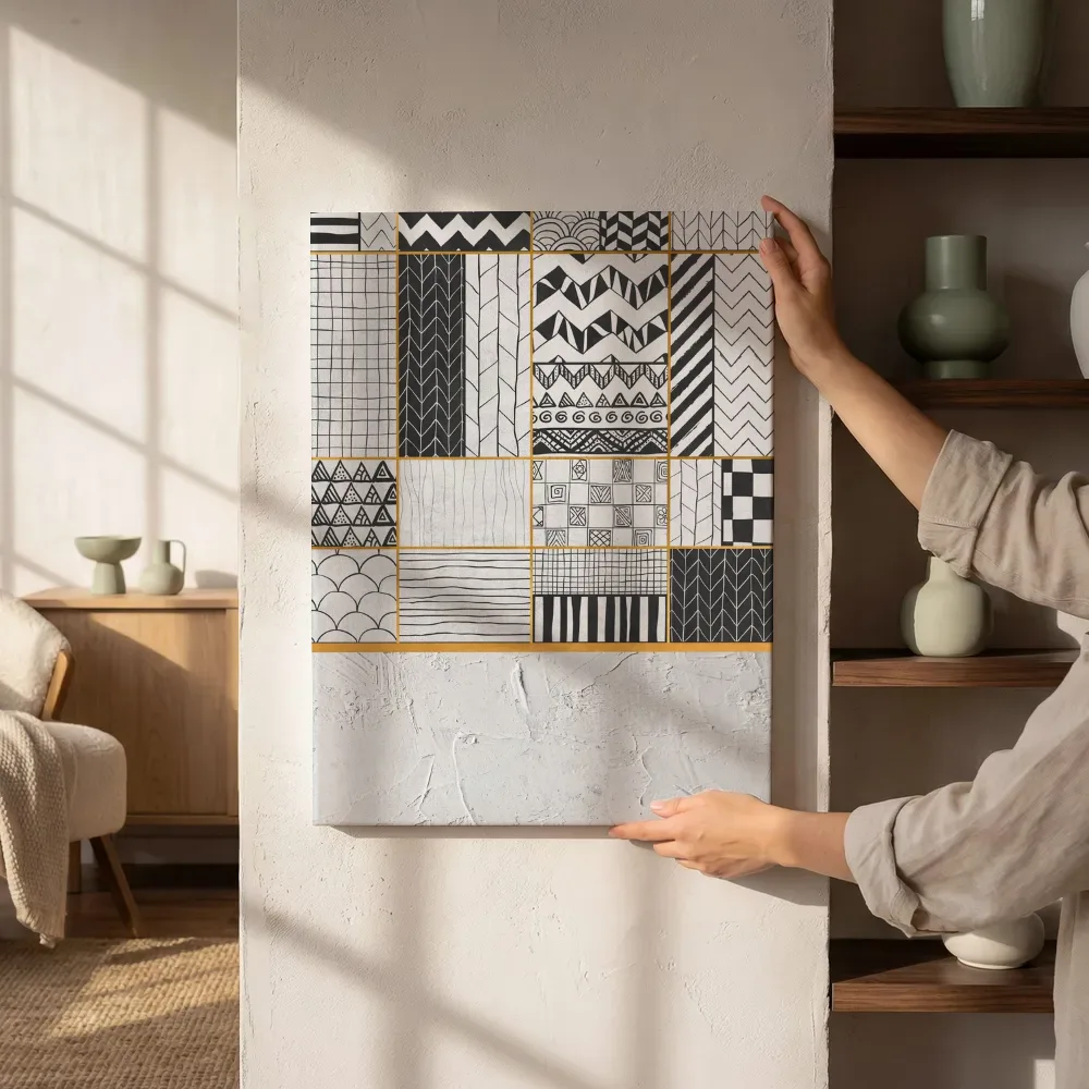 Sfeerimpressie: Grafische patronen sampler in zwart-wit naast de kast