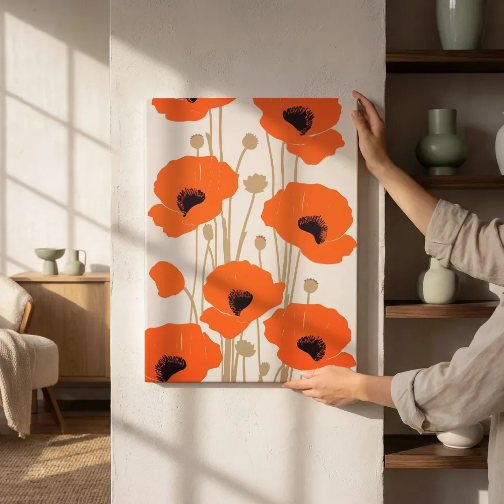 Sfeerimpressie: Grafisch patroon oranje klaprozen naast de kast