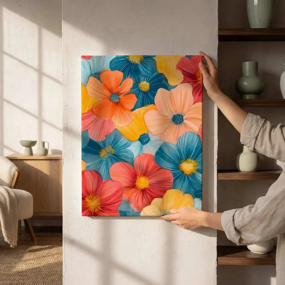 Sfeerimpressie: Grafische bloemen in blauw en oranje naast de kast