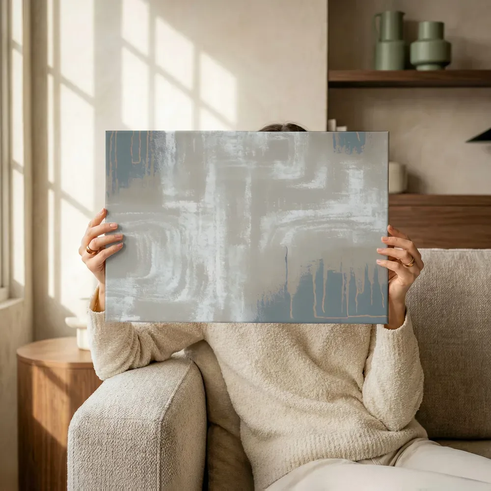 Sfeerimpressie: Grafische vlakken in taupe en blauwgrijs terwijl het omhoog wordt gehouden