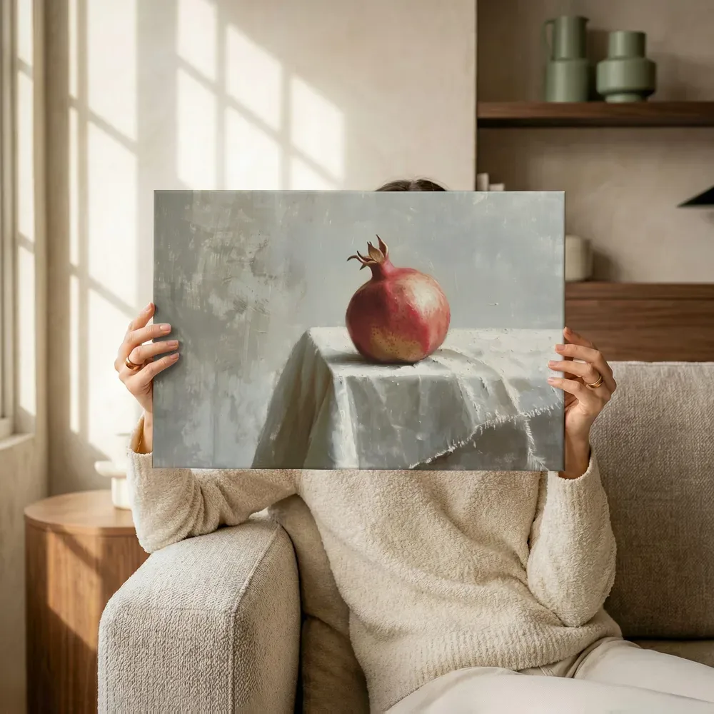 Sfeerimpressie: Granaatappel op witte doek terwijl het omhoog wordt gehouden