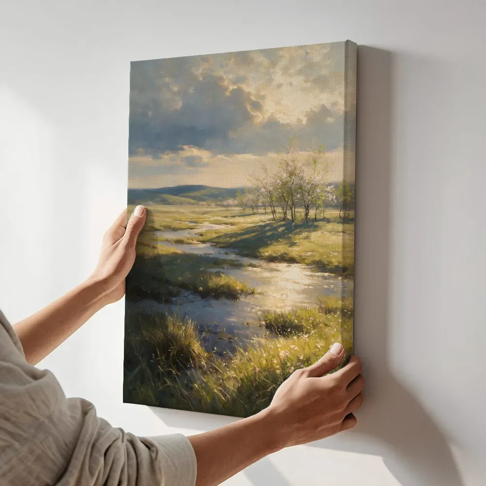 Sfeerimpressie: Grasvlakte na de regen in zijlicht terwijl het aan de muur wordt gehangen