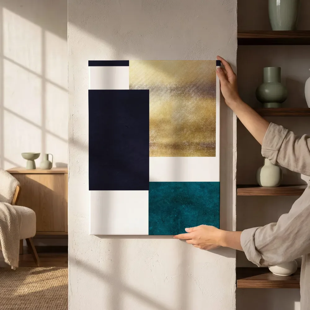Sfeerimpressie: Grid collage in marineblauw, goud en teal variant naast de kast