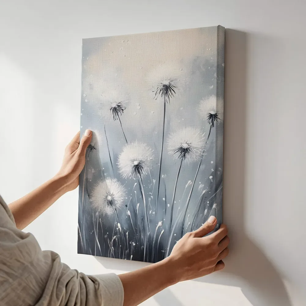 Sfeerimpressie: Paardenbloemen in grijstinten terwijl het aan de muur wordt gehangen