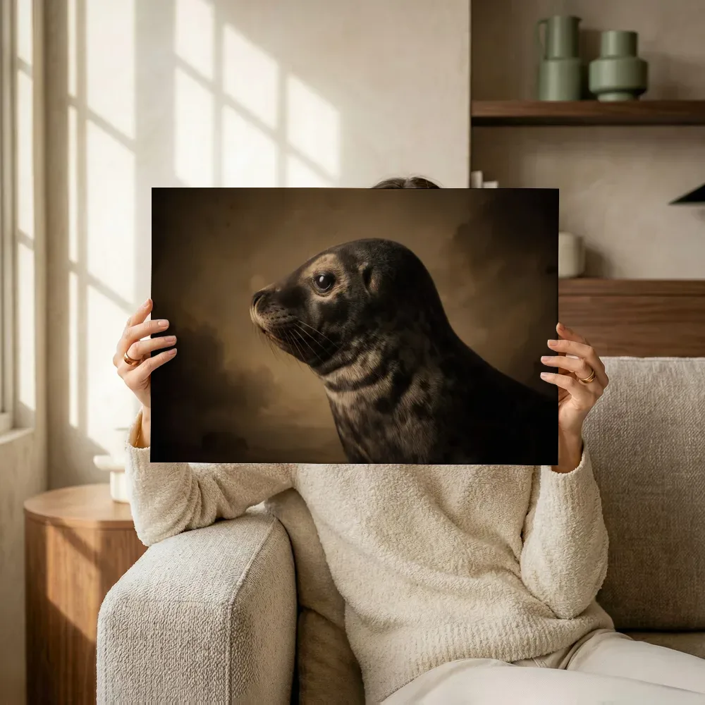 Sfeerimpressie: Grijze Zeehond en profil in sepia terwijl het omhoog wordt gehouden