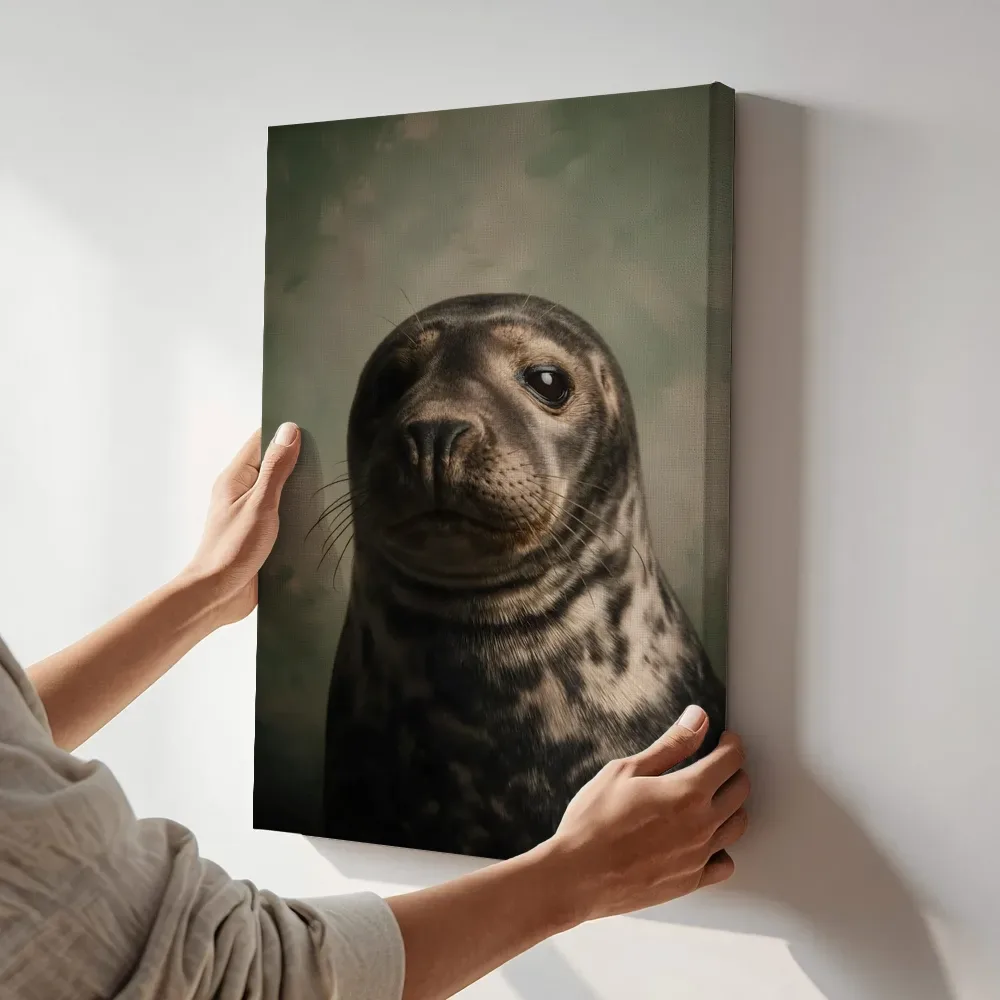 Sfeerimpressie: Grijze Zeehond van voren in salie terwijl het aan de muur wordt gehangen
