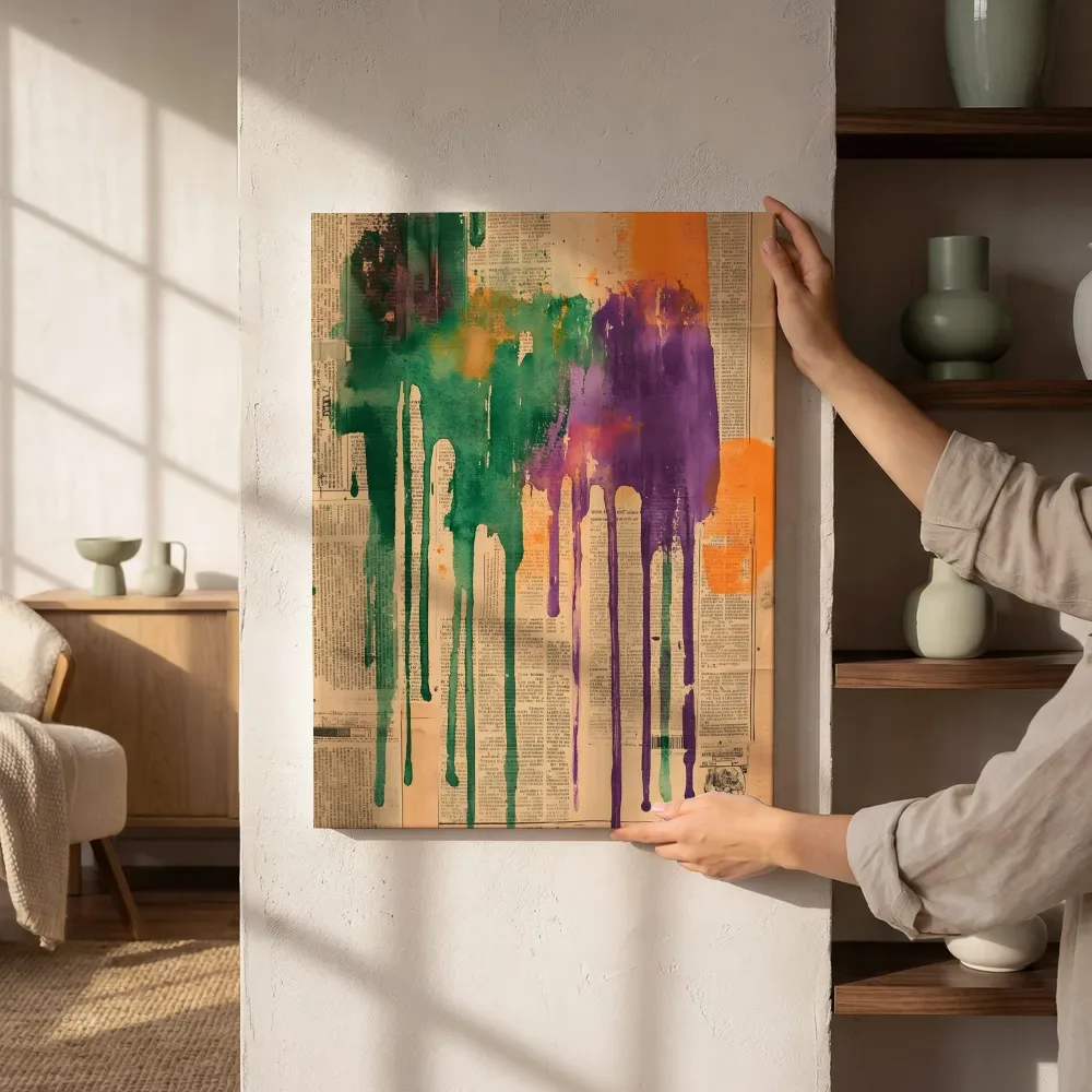 Sfeerimpressie: Groen paars drip collage naast de kast