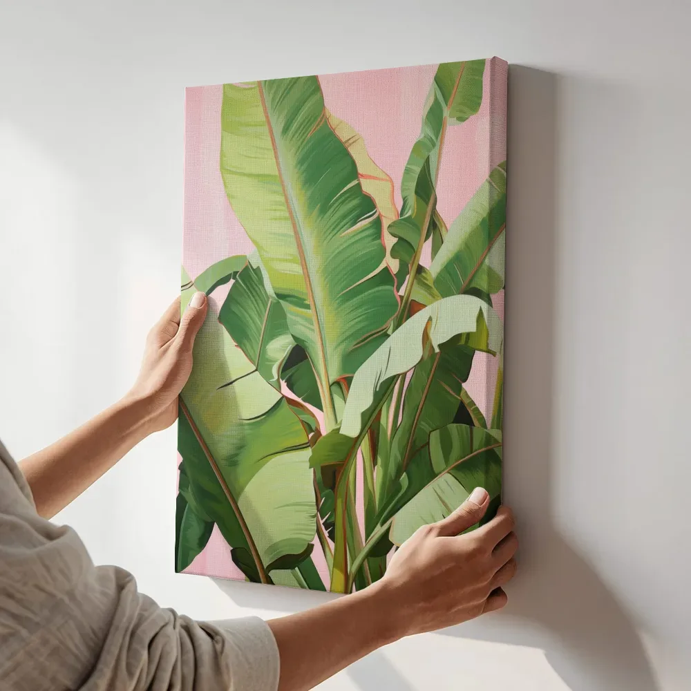 Sfeerimpressie: Bananenbladeren op roze fond terwijl het aan de muur wordt gehangen