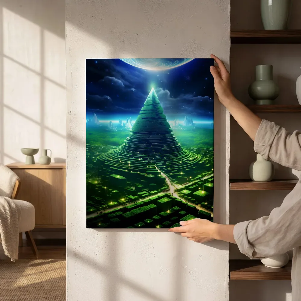 Sfeerimpressie: Groene piramide in het landschap terwijl het zittend wordt getoond