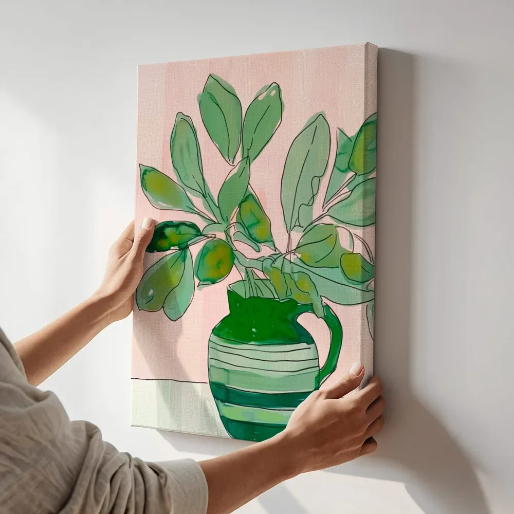 Sfeerimpressie: Groene plant in kruik terwijl het aan de muur wordt gehangen