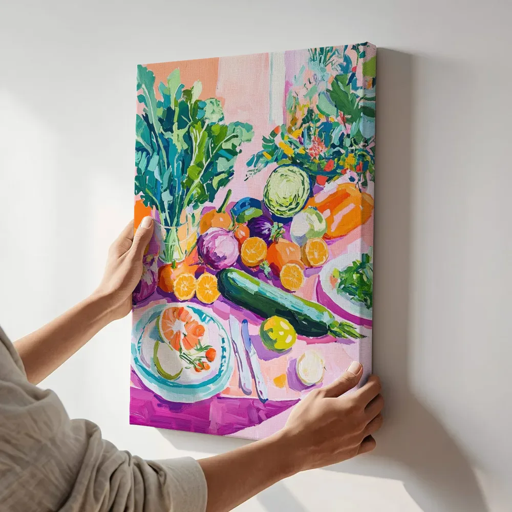 Sfeerimpressie: Groentetafel vol kleur terwijl het aan de muur wordt gehangen