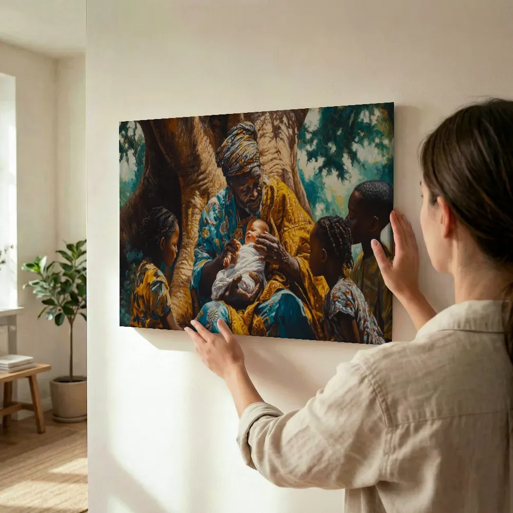 Sfeerimpressie: Grootvader met kleinkinderen onder de boom terwijl het wordt opgehangen