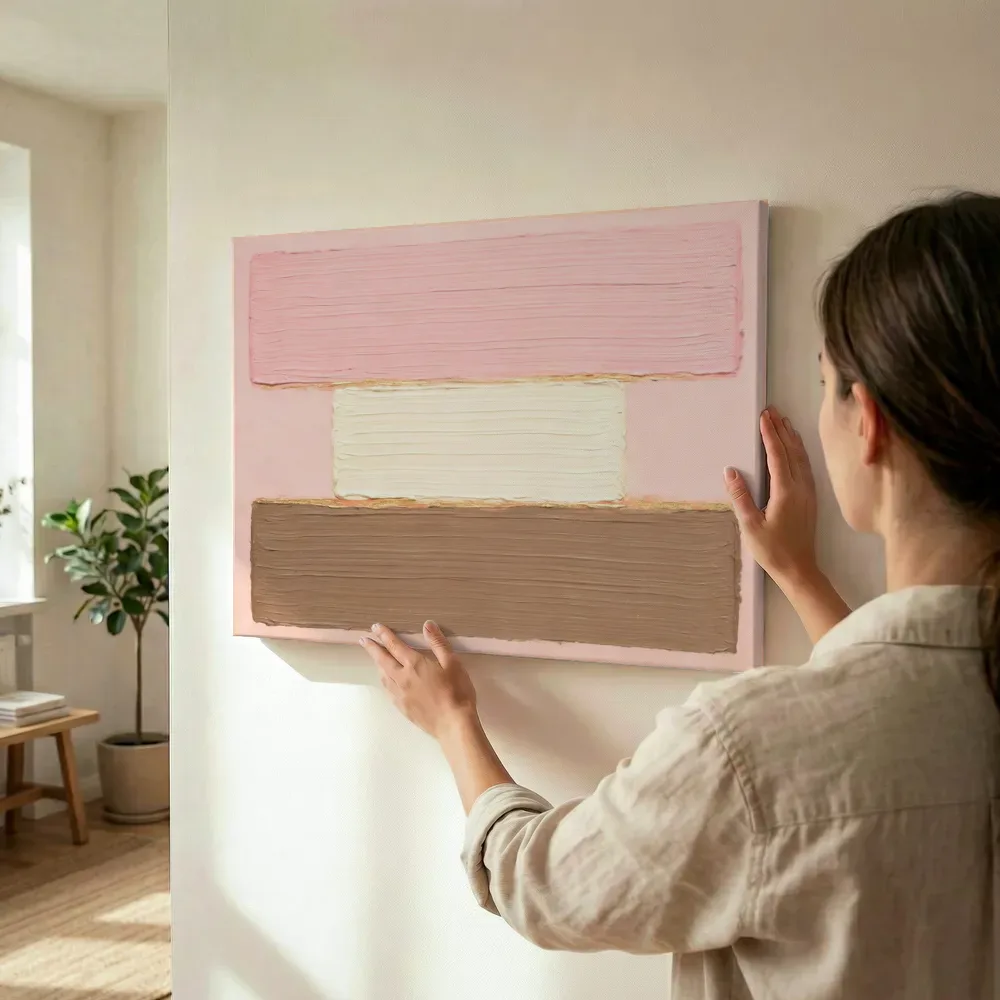 Sfeerimpressie: Grote blokken paletmes, roze en taupe terwijl het wordt opgehangen