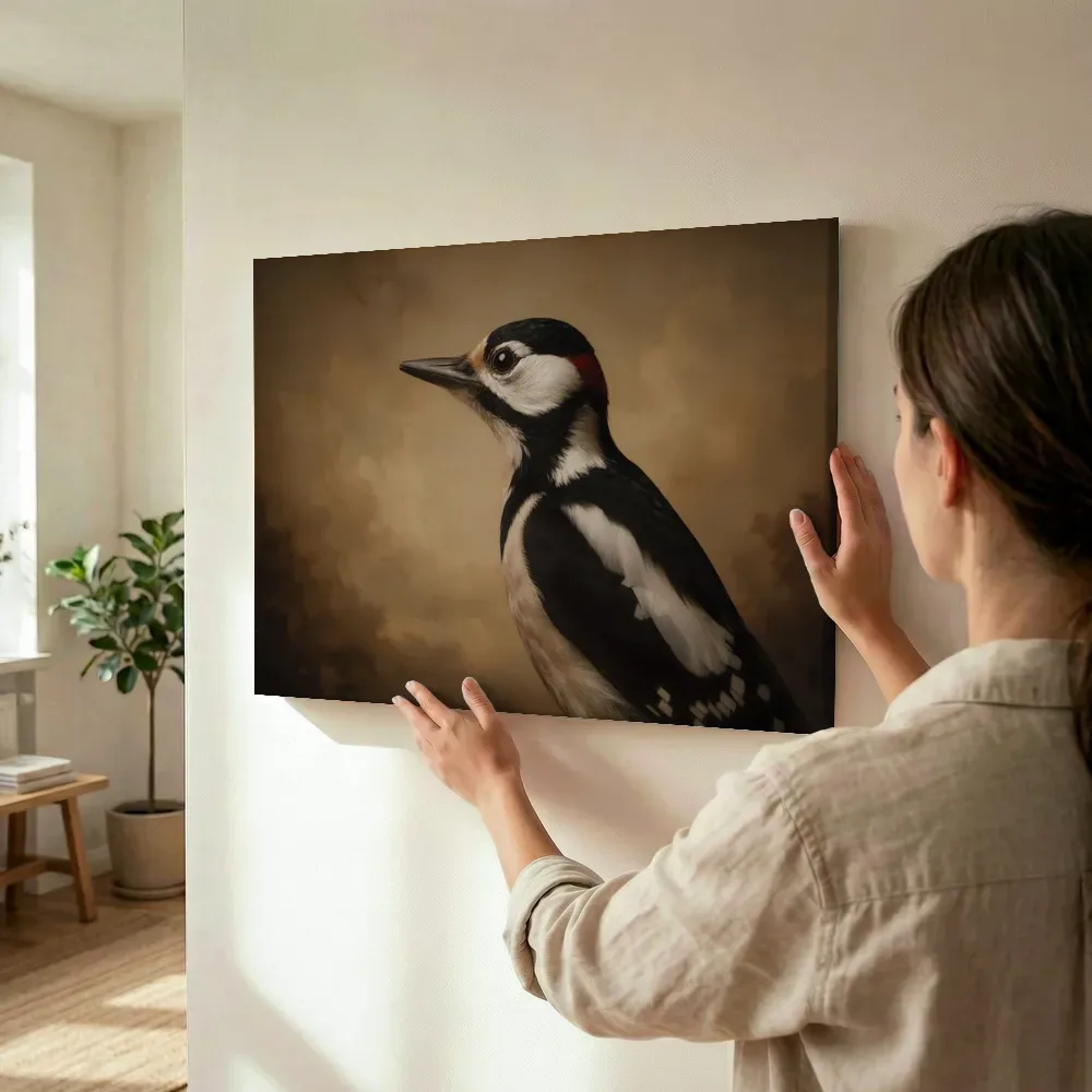 Sfeerimpressie: Grote Bonte Specht en profil in sepia terwijl het wordt opgehangen
