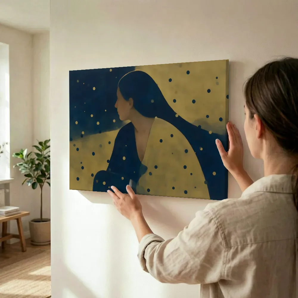 Sfeerimpressie: Vrouw in profiel in nachtblauw en goud terwijl het wordt opgehangen