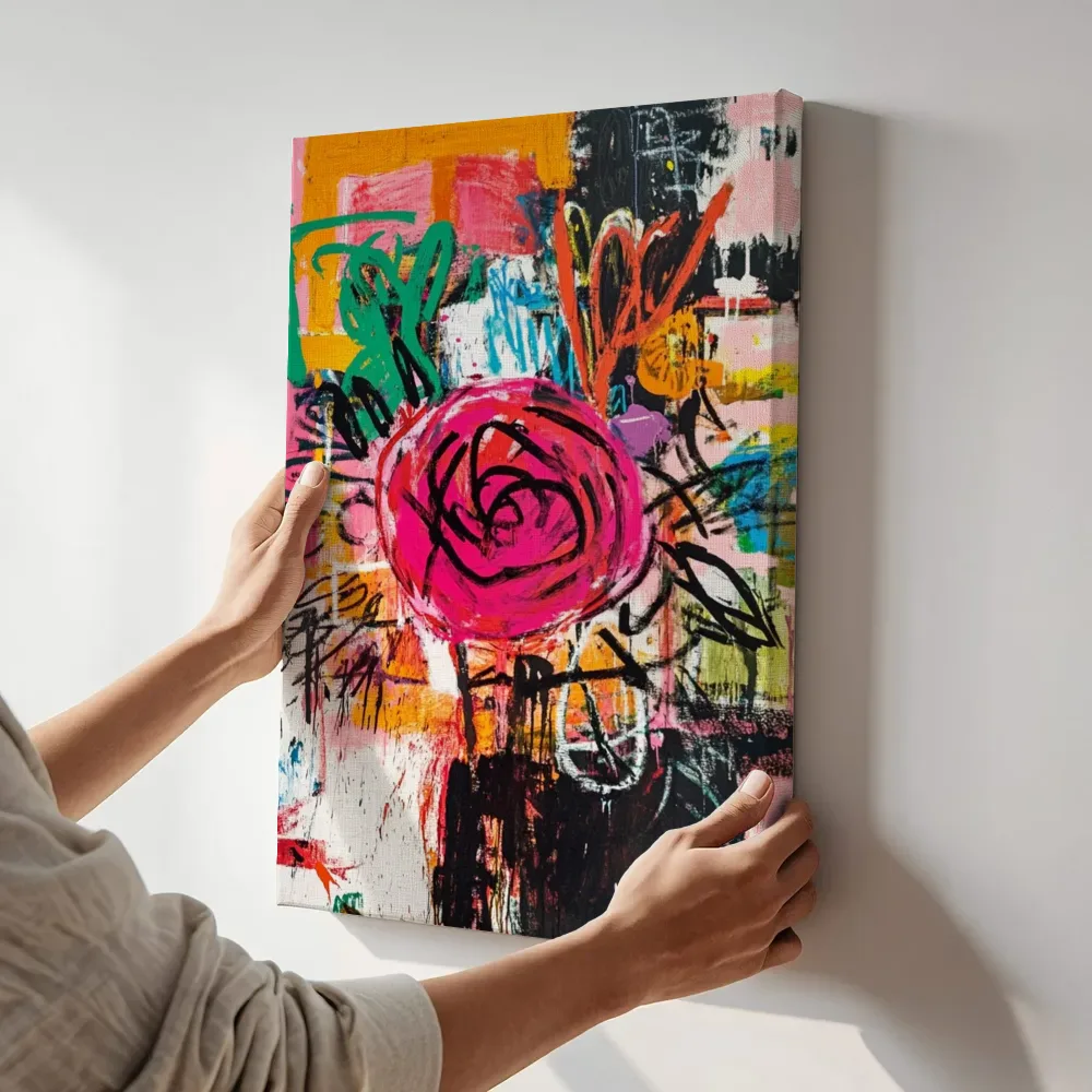 Sfeerimpressie: Grote magenta roos terwijl het aan de muur wordt gehangen