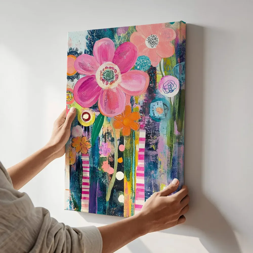 Sfeerimpressie: Grote roze bloem met crème hart terwijl het aan de muur wordt gehangen