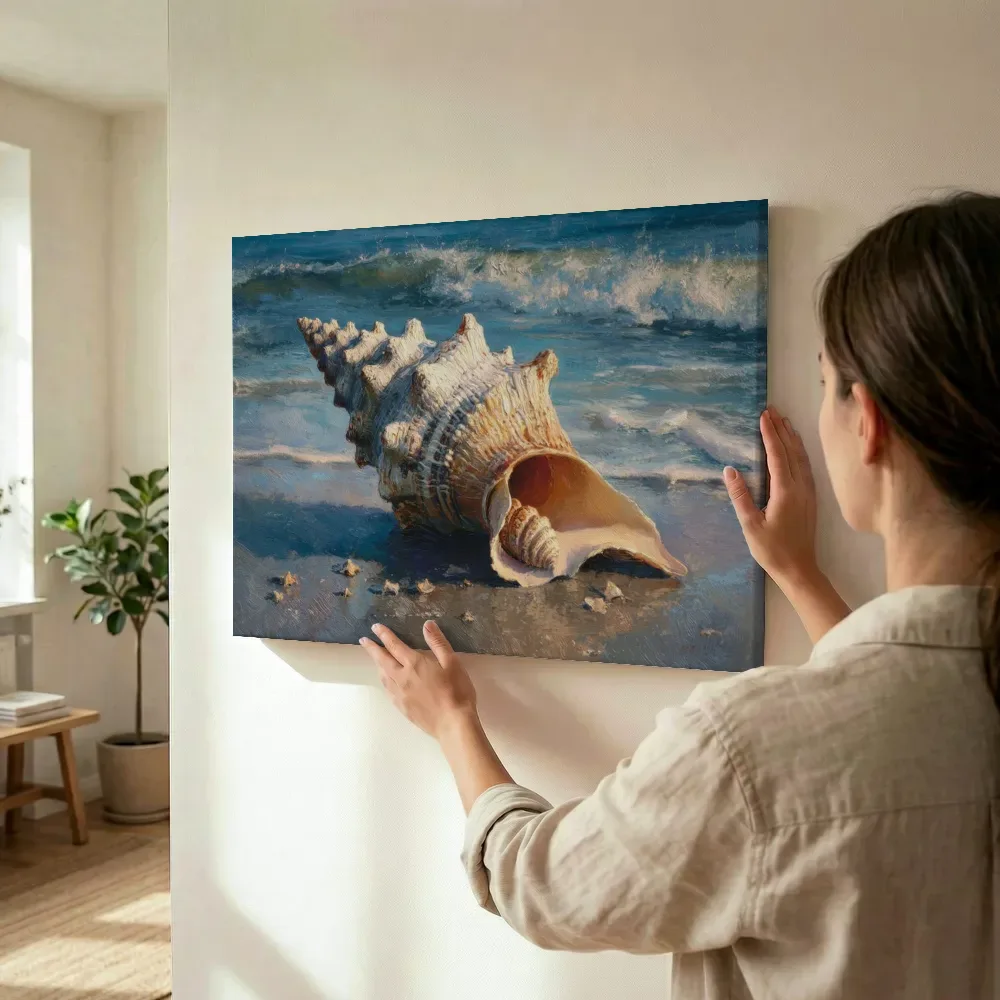 Sfeerimpressie: Grote schelp aan zee terwijl het wordt opgehangen