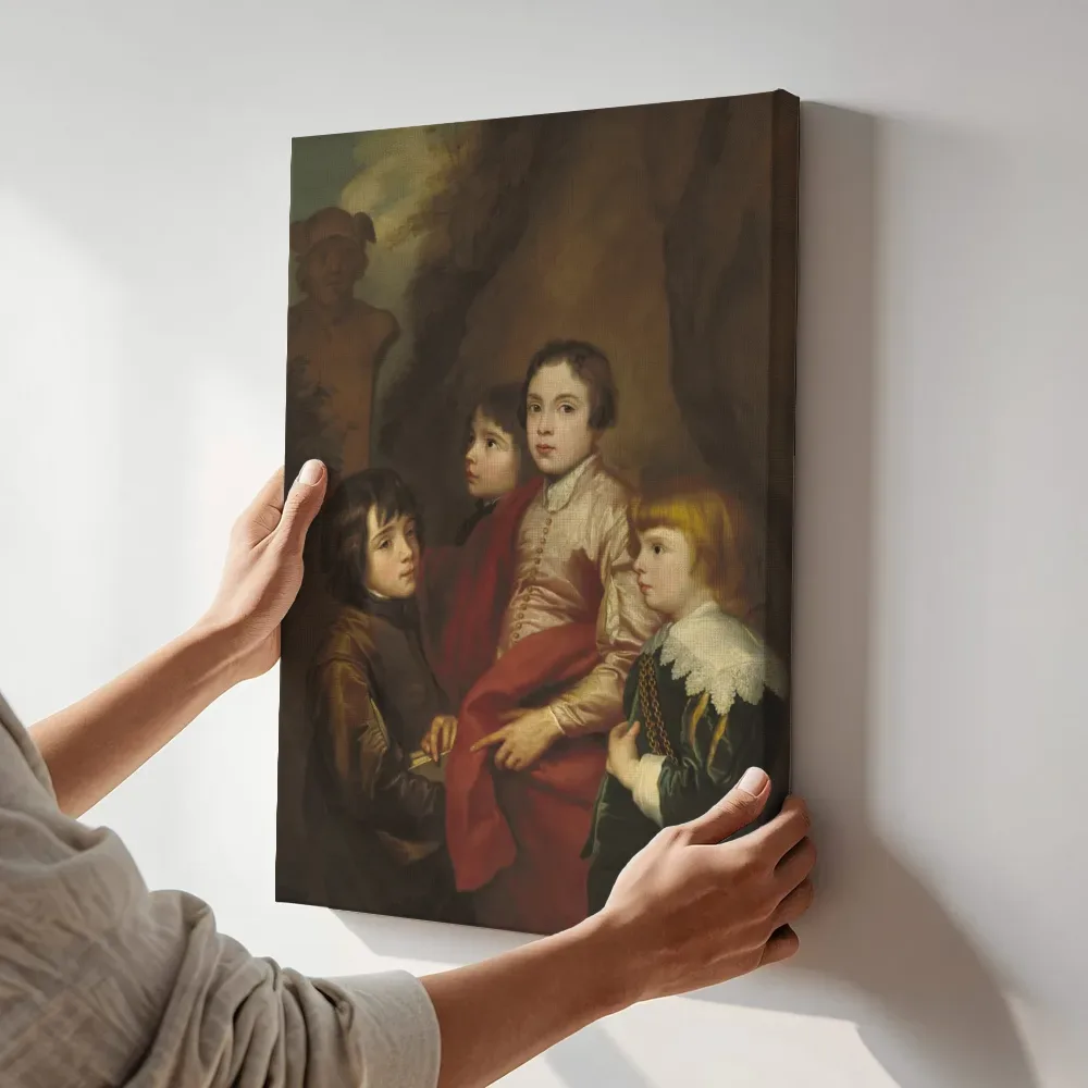 Sfeerimpressie: Groep van vier jongens van Naar Sir Anthony van Dyck terwijl het aan de muur wordt gehangen