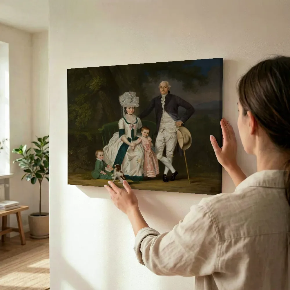 Sfeerimpressie: Guilaume François Imbert de Wattines met echtgenote en kinderen in een landschap van Augustijn Claterbos terwijl het wordt opgehangen