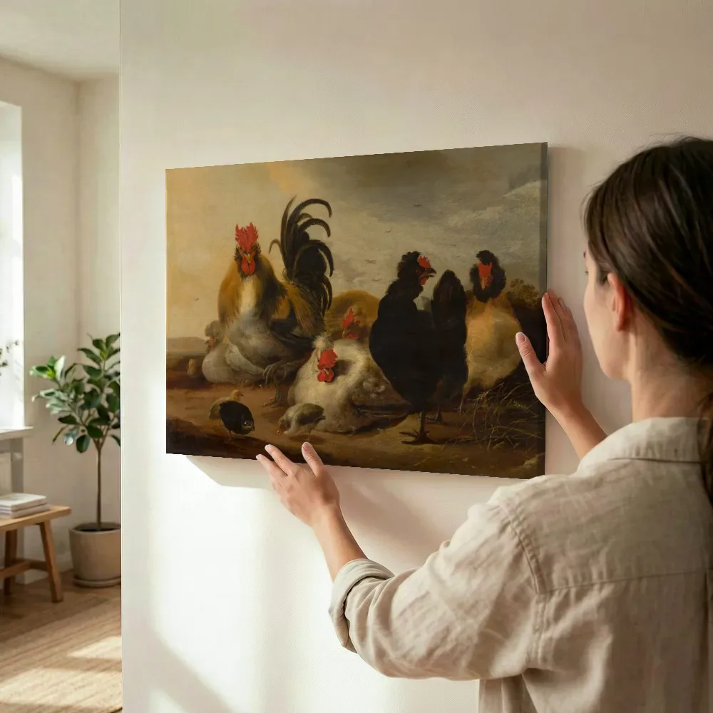 Sfeerimpressie: Haan en kippen in een landschap van Gijsbert d'Hondecoeter, Aelbert Cuyp terwijl het wordt opgehangen
