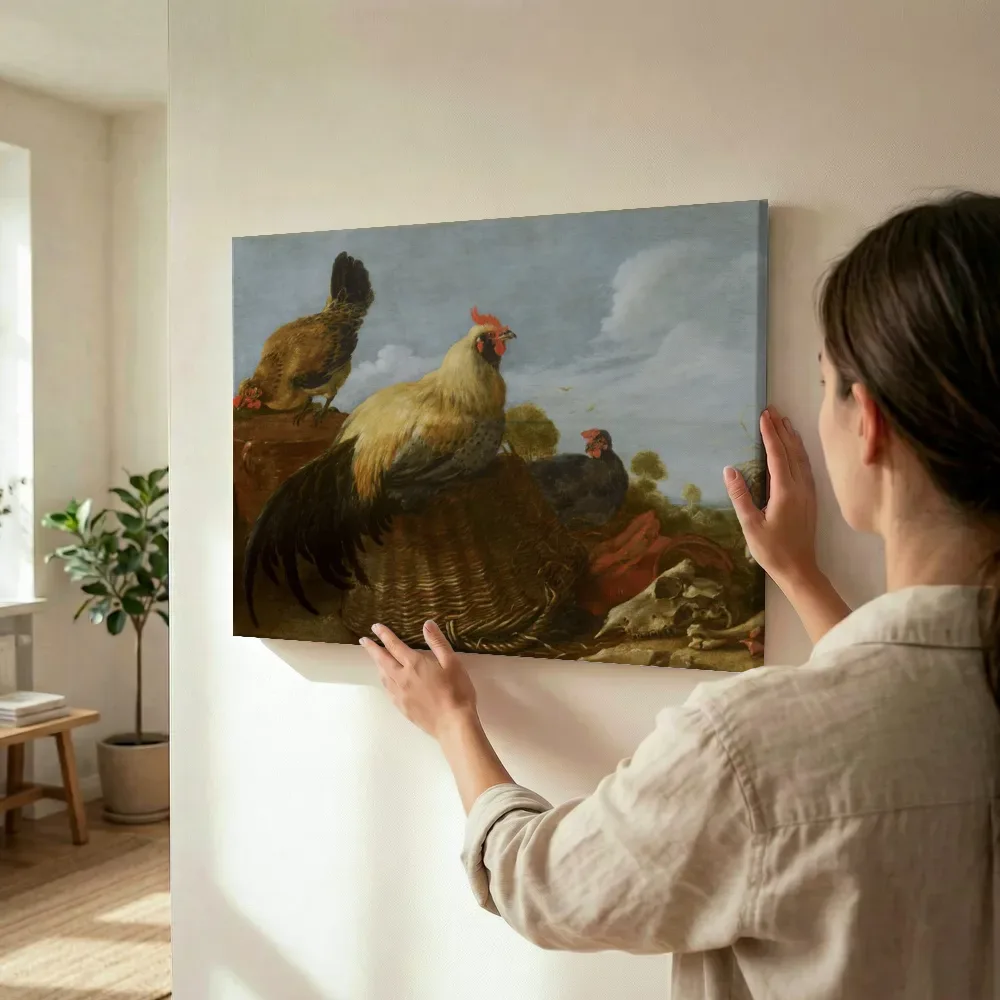 Sfeerimpressie: Haan en kippen in een landschap van Gijsbert d'Hondecoeter terwijl het wordt opgehangen