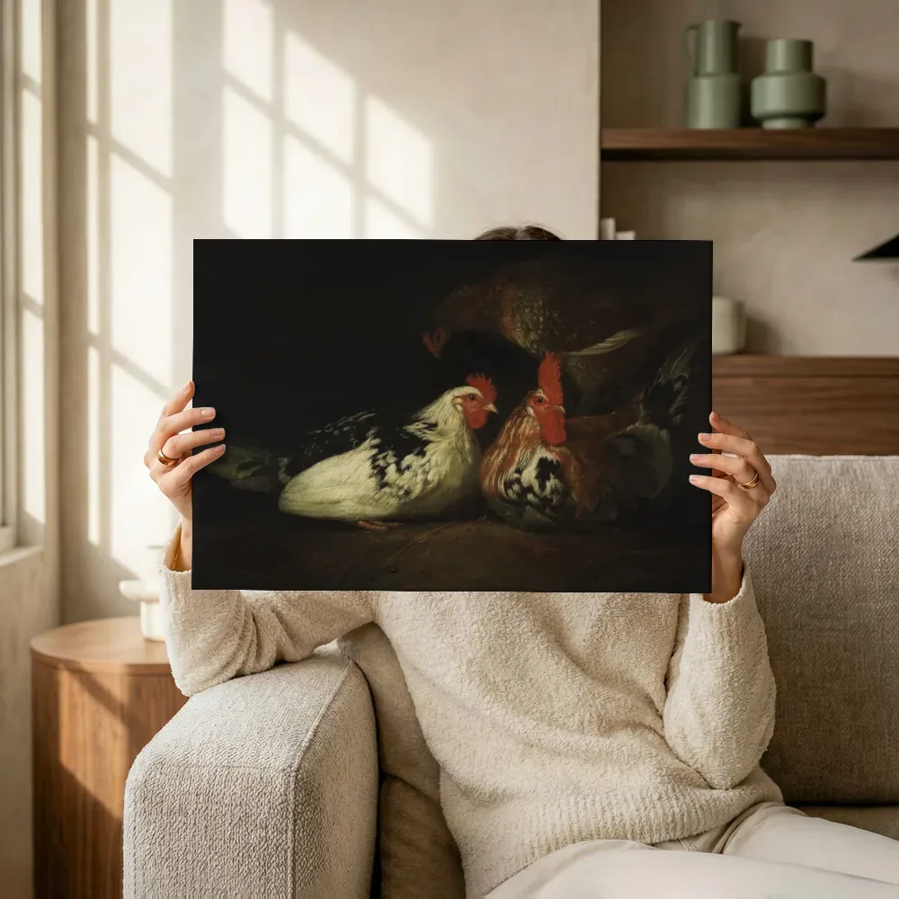 Sfeerimpressie: Haan met kippen van Jacob Gerritsz. Cuyp terwijl het omhoog wordt gehouden