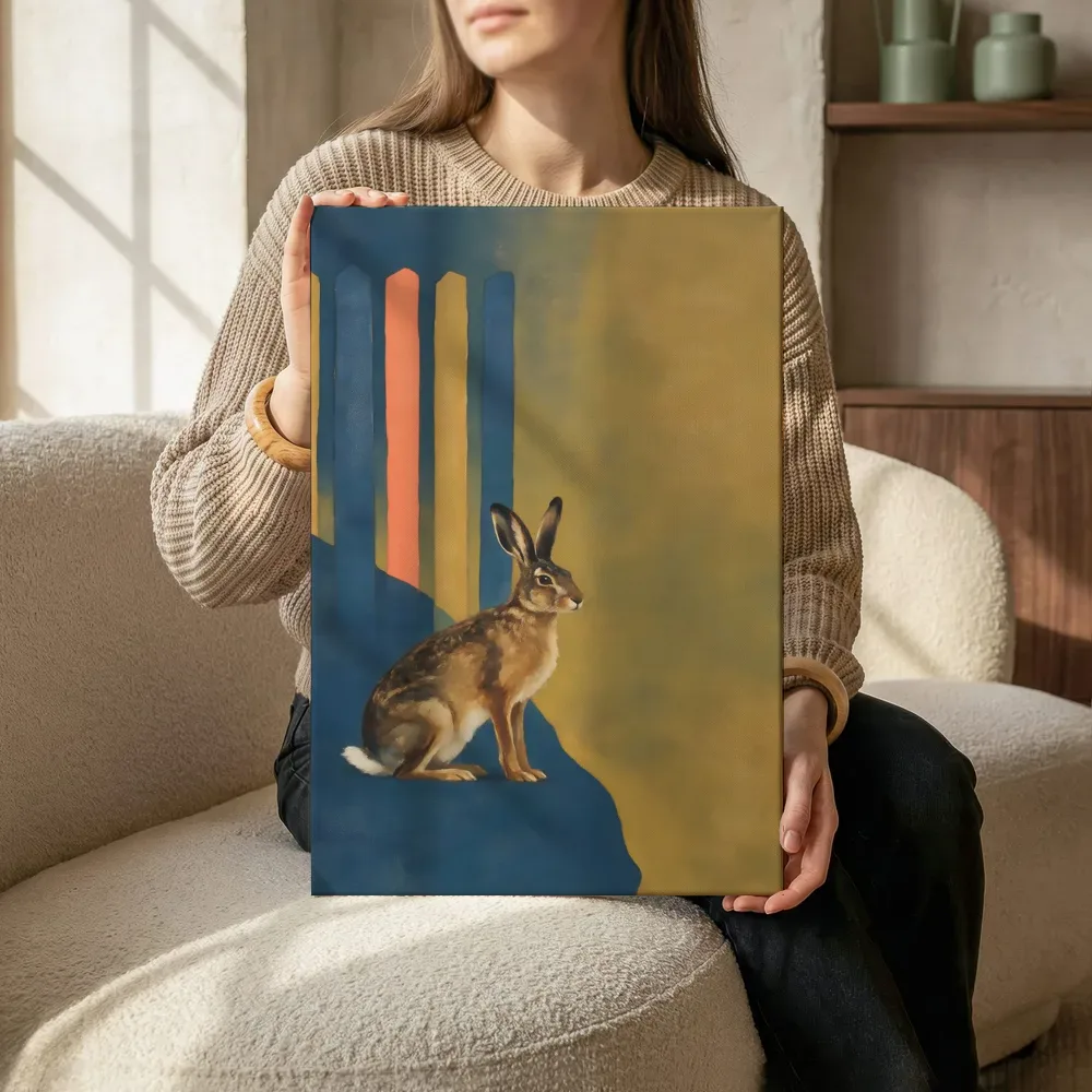 Sfeerimpressie: Haas in kobalt en oker terwijl het zittend wordt getoond