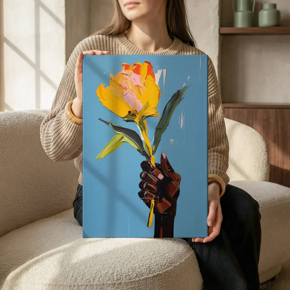 Sfeerimpressie: Hand met gele tulp op blauwe achtergrond terwijl het zittend wordt getoond