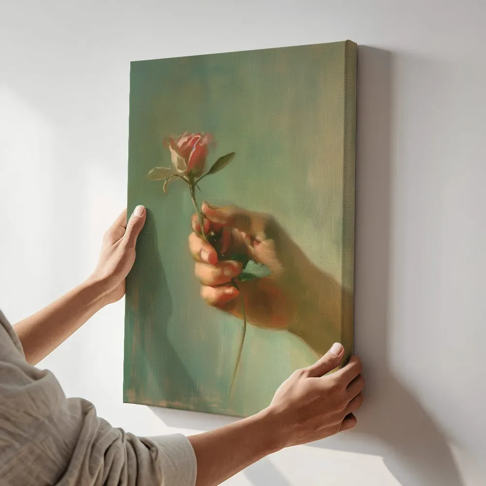 Sfeerimpressie: Hand met roze roos naast de kast