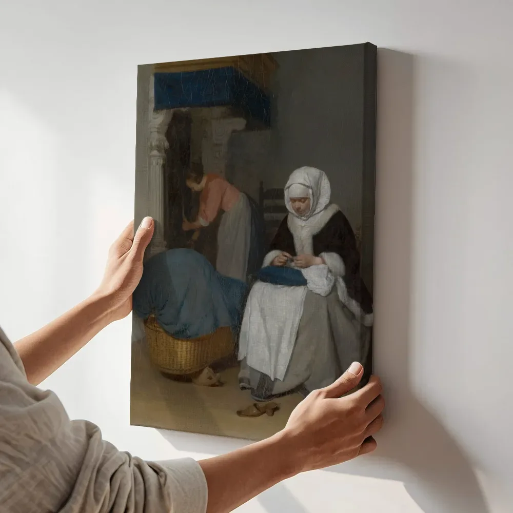 Sfeerimpressie: Handwerkende vrouw bij een wieg van Gerard ter Borch terwijl het aan de muur wordt gehangen