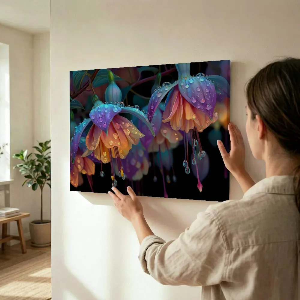 Sfeerimpressie: Hangende fuchsia in regenboogtinten terwijl het wordt opgehangen