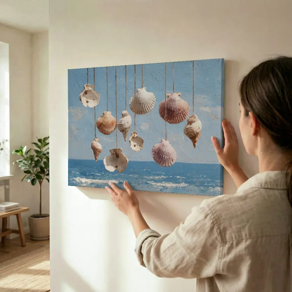 Sfeerimpressie: Hangende schelpen boven zee terwijl het wordt opgehangen
