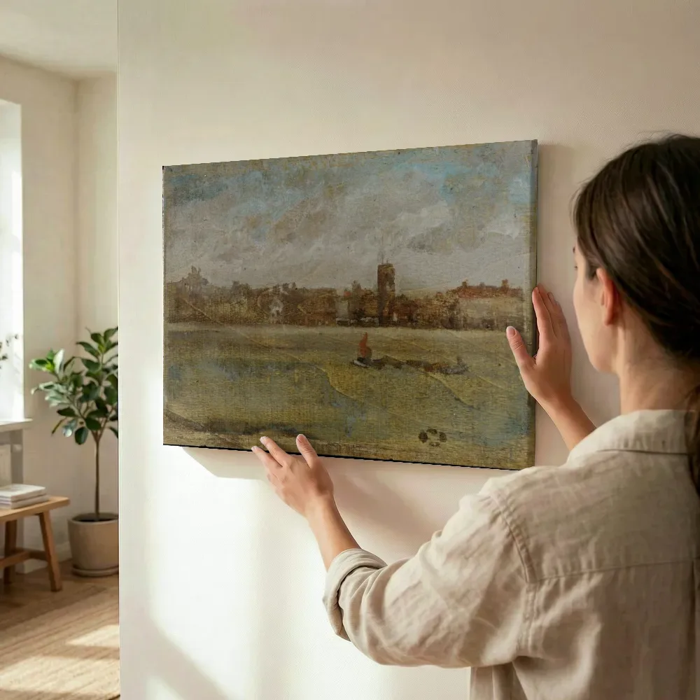 Sfeerimpressie: Harmonie in bruin en goud, Old Chelsea Church van James McNeill Whistler terwijl het wordt opgehangen