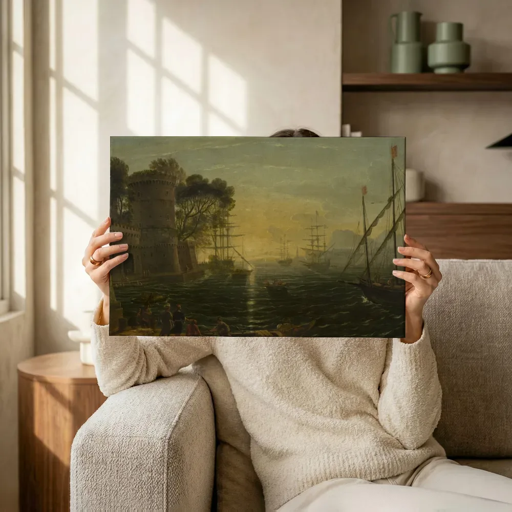 Sfeerimpressie: Haven bij zonsondergang, Navolger van Claude Lorrain terwijl het omhoog wordt gehouden