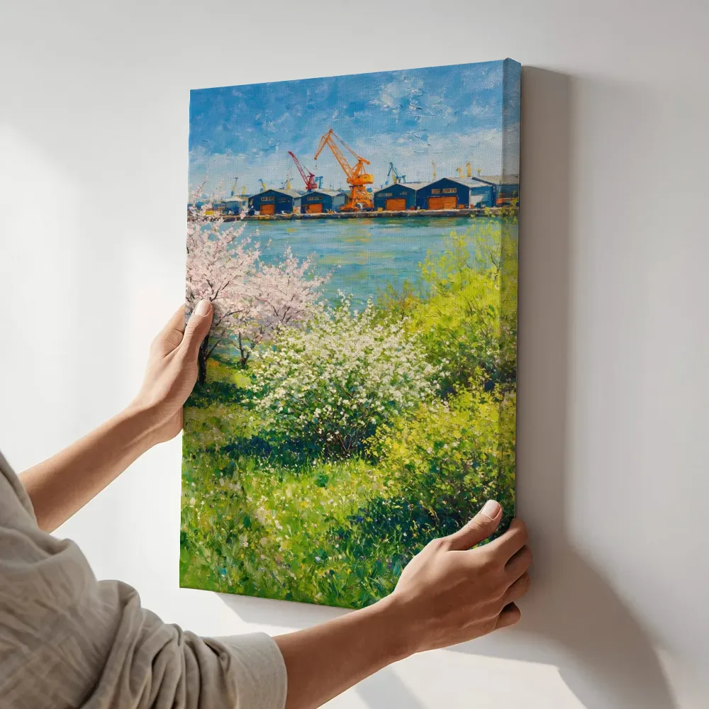 Sfeerimpressie: Havenfront met kranen in bloesemtijd terwijl het aan de muur wordt gehangen