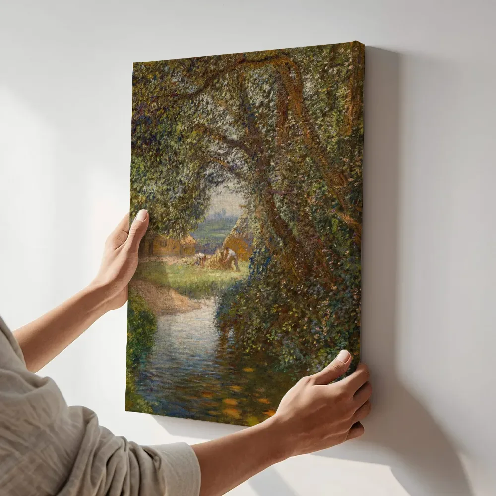 Sfeerimpressie: Hooiers bij de beek van George Clausen terwijl het aan de muur wordt gehangen