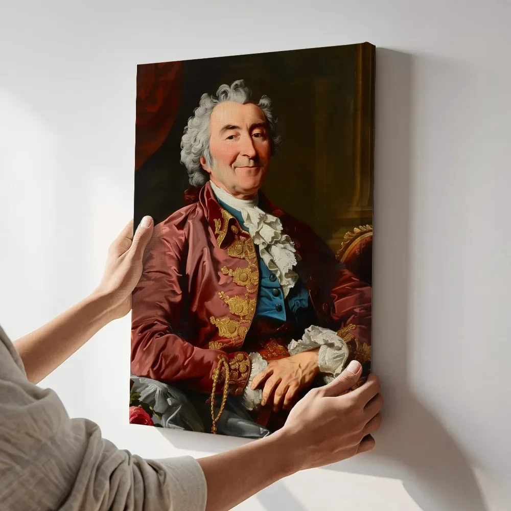 Sfeerimpressie: Heer in roze mantel terwijl het aan de muur wordt gehangen