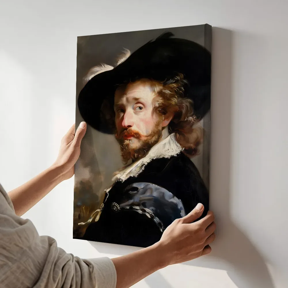 Sfeerimpressie: Heer met hoed en veer terwijl het aan de muur wordt gehangen