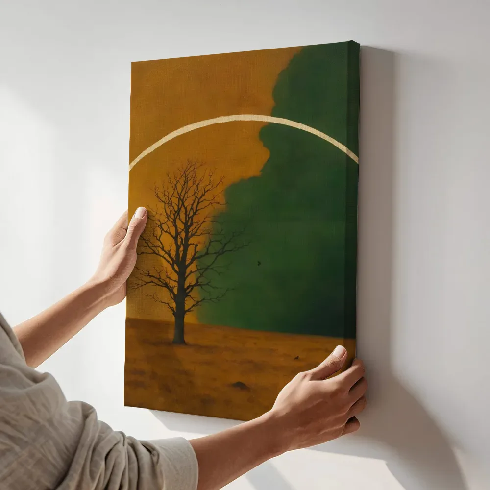 Sfeerimpressie: Heide in amber en flessengroen terwijl het aan de muur wordt gehangen