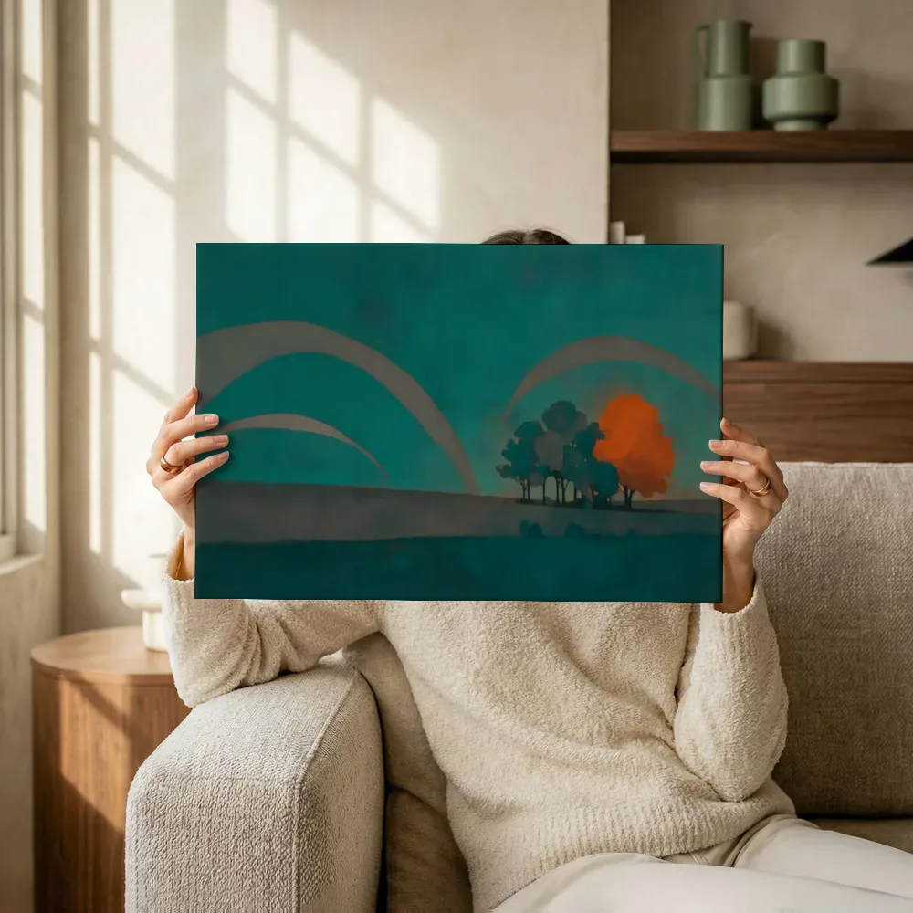 Sfeerimpressie: Heide in aqua en warm grijs terwijl het omhoog wordt gehouden