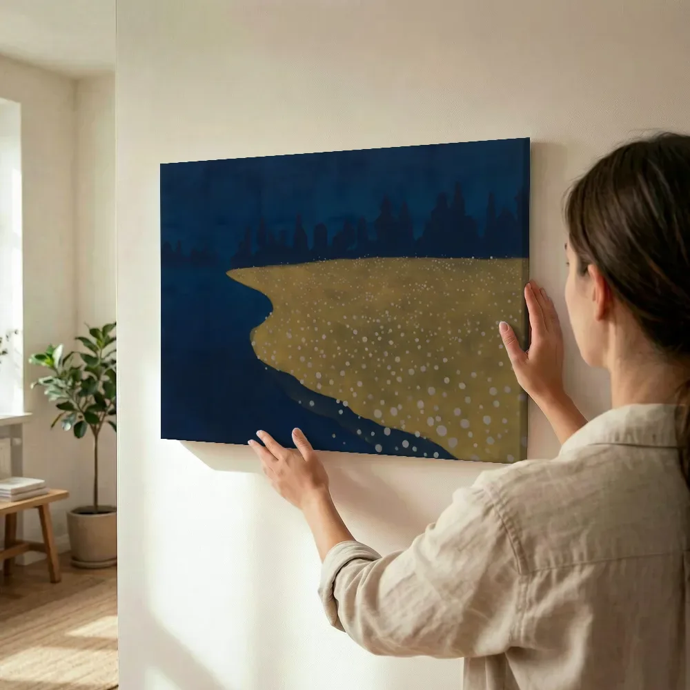 Sfeerimpressie: Heide in nachtblauw en goud terwijl het wordt opgehangen