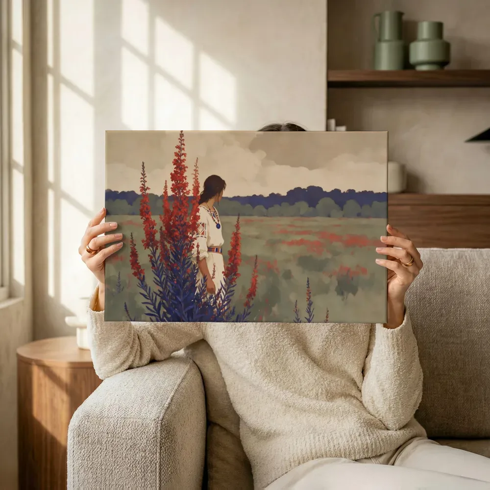 Sfeerimpressie: Heide in vermiljoen en indigo terwijl het omhoog wordt gehouden